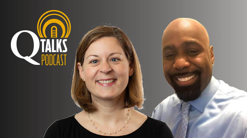 Adjunct lecturer Brandon Pendleton smiles against the Q Talks Podcast logo backdrop